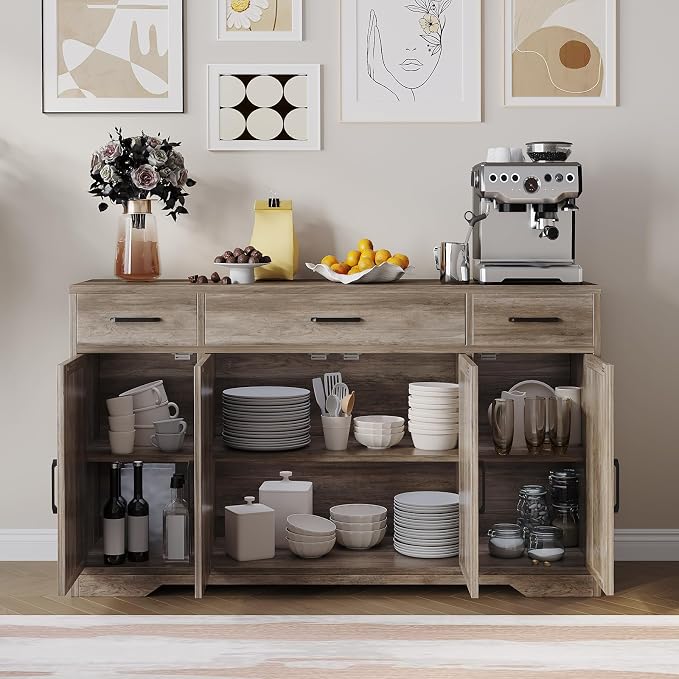 Garvee 55 in Large Buffet Sideboard Cabinet with Storage 4 Doors and 3 Drawers Kitchen Storage Cabinet Coffee Bar Buffet Table for Dining Room, Living Room, Adjustable Shelf