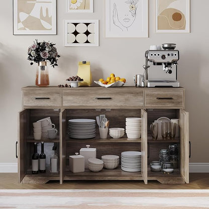 Garvee 55 in Large Buffet Sideboard Cabinet with Storage 4 Doors and 3 Drawers Kitchen Storage Cabinet Coffee Bar Buffet Table for Dining Room, Living Room, Adjustable Shelf