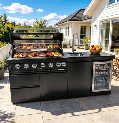 82" Outdoor Kitchen Natural Gas Grill, 6-Burner 85,000 BTU BBQ Grill with Sink,Infrared Rotisserie,Granite Countertop, Refrigerator,Grill Cart.(Black)