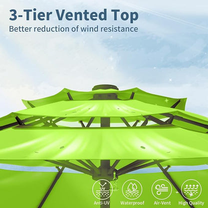 9FT 3 Tiers Patio Umbrella With Auto Tilt And Crank, Outdoor Table Market Umbrella with 8 Sturdy Ribs for Garden, Lawn, Deck, Backyard and Pool