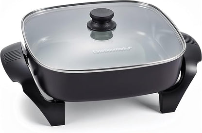 Elite Gourmet PFAS-Free Ceramic Electric Skillet, Extra Deep 12"x12"x3", Less Splatter, Dishwasher Safe, Rapid Heat, EG2313, 1200W, Black