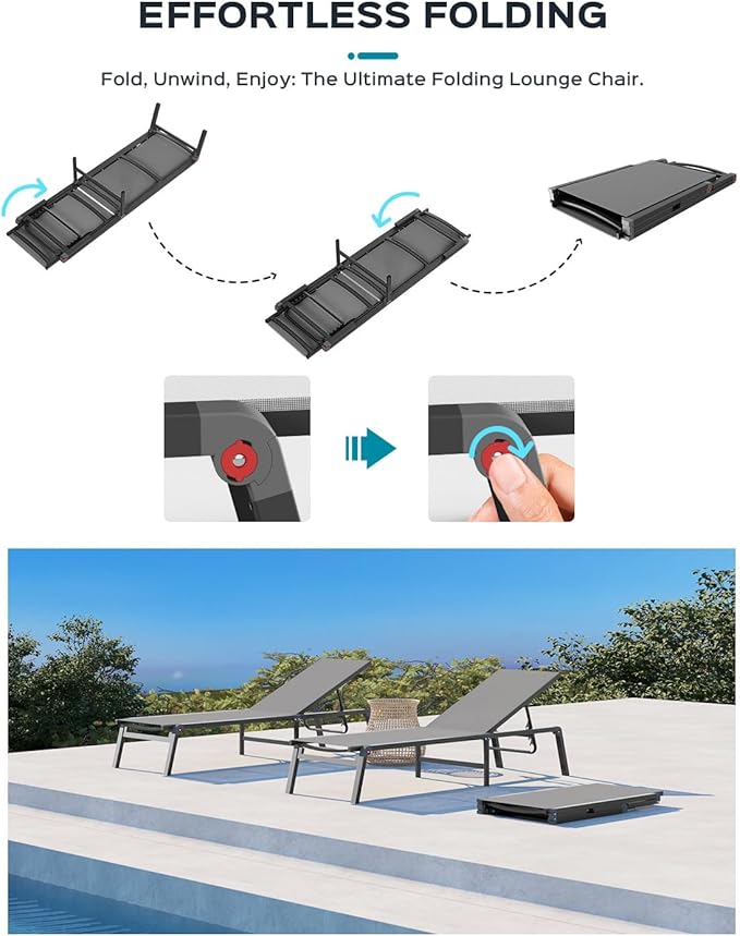 Ciokea Aluminum Foldable Lounge Chairs Set of 2 with 1 Outdoor Aluminum Side Table ，Perfect Match ，Suitable for Courtyard, Balcony, Lawn and Other Scenes，Grey