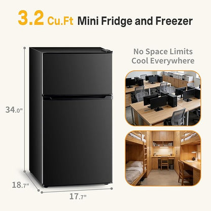 NEWBULIG Mini Fridge with Freezer 3.2 Cu.Ft Small Refrigerator for Office, Dorm, Small Fridge with Adjustable Thermostat, Energy Saving, Dual Door, Black