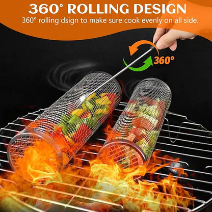 KAYCROWN Stainless Steel Grill Baskets, 2Pcs (12Inches & 8Inches), BBQ Grill Accessories with 2 Forks & 2 Hooks, Silver