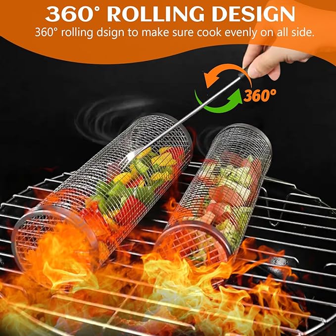KAYCROWN Rolling Grill Baskets for Outdoor Grilling 2 Pack, BBQ Grill Baskets Stainless Steel Grill Mesh 12 Inches, Grill BBQ Net Tube Stainless Steel Barbecue Grill Accessories, (2 Large)