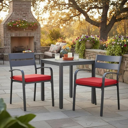 Outdoor 18 inch Square Patio Dining Chair Pads – Comfortable Fiber-Filled Seat Cushions with Ties, Reversible Polyester Fabric - Salsa Red, Set of 2