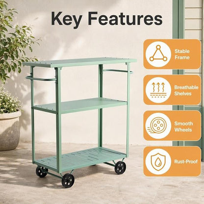 3-Tier Metal Rolling Cart with Wheels, 39.37x15.74x41 in, Pea Green | Indoor & Outdoor Use, Convenient Handles, Waterproof & Rustproof, Stronger Load Bearing, Kitchen & Garden Use