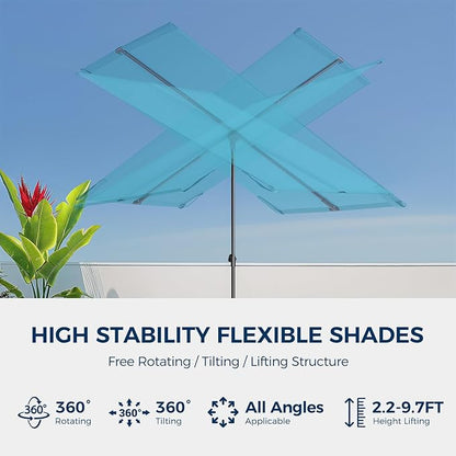 HOMSHADE 6x4ft Outdoor Balcony Umbrella - Flat Porch Pool Patio Umbrella Rectangular Canopy Shade UPF50+ UV Protection 360° Rotating & Tilting All Angles Applicable (Light Blue, No Base)