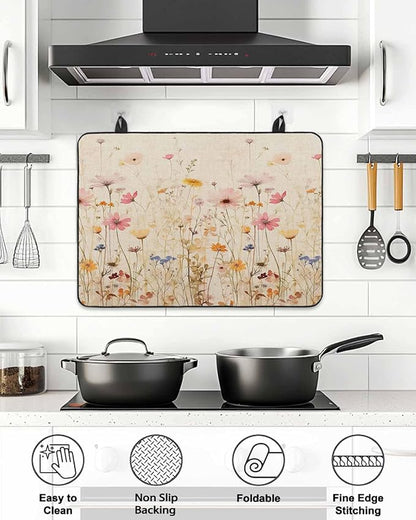 Stove Top Covers for Electric Stove 28.5x20.5 Inches, Botanical Flower HeatResistant Glass Cooktop Protector, Retro Colorful Spring Vintage Floral Ceramic Stovetop Countertop Covers Mat, Oven Cover
