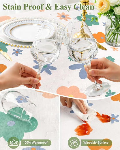Seenus Waterproof Floral Vinyl Rectangle Tablecloth with Flannel Backing | 54x72 Inch Wipeable Flower Table Cloth Rectangular for Summer Indoor Outdoor Picnic Birthday Party, Cute Plastic Tablecover