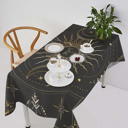 Vintage Sun Tablecloth Boho Celestial Star Magical Galaxy Space Moon Phases Table Cloth Water Resistant Wipeable Table Cover for Farmhouse Picnic Party Holiday Kitchen Dinner Table 60"x120"