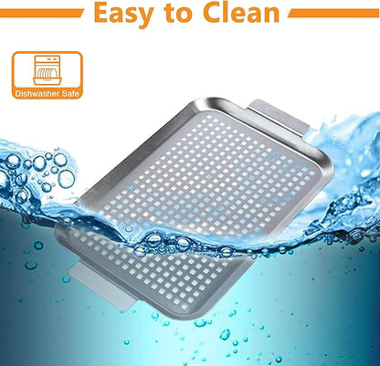 Grill Pan Set of 2, BBQ Grill Topper for Outdoor Grill, Stainless Steel Grilling Baskets with Holes and Handles, Perforated Food Tray Barbecue Accessories for Vegetable, Fish, Small x 2