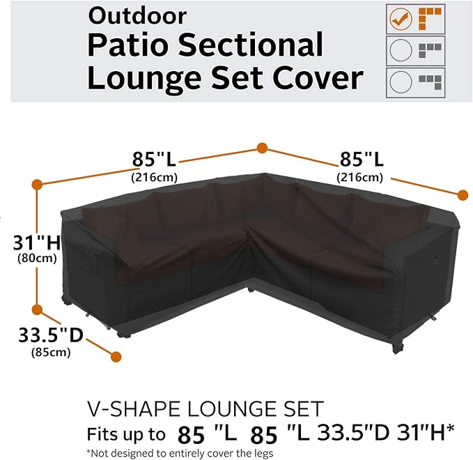 Heavy Duty Outdoor Sectional Cover, 85“ x 85" V-Shaped 5-Seater Waterproof 600D Patio Furniture Covers, Outside Lawn Patio Couch Protector(Midnight Black, V-Shaped-85 x85)