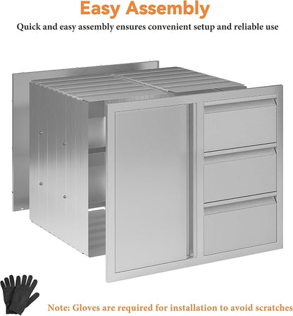 Jocisland 28-Inch Stainless Steel Outdoor Kitchen Drawer Cabinet | 28 W x 20 D x 23 H In, 3-Tier Cabinet and 3-Drawer Combo, Built-In BBQ Island Storage