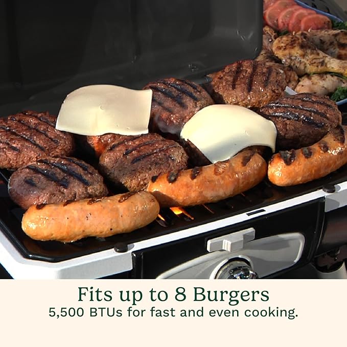 Grilled burgers and sausages on a portable grill with text indicating capacity and power.
