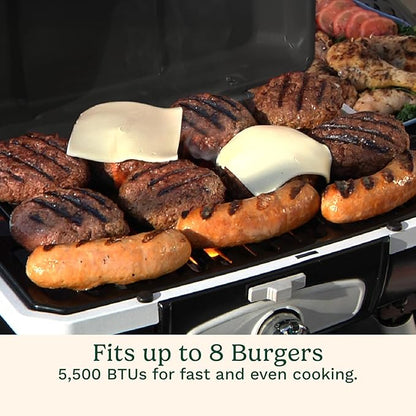 Grilled burgers and sausages on a portable grill with text indicating capacity and power.