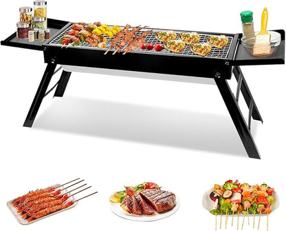 Foldable Charcoal BBQ Grill, Portable Grill Charcoal with Side Table, Stainless Steel BBQ Grill, Easy Setup Tabletop Barbecue Grill for Camping Picnic Outdoor Party Backyard Travel (Extended)