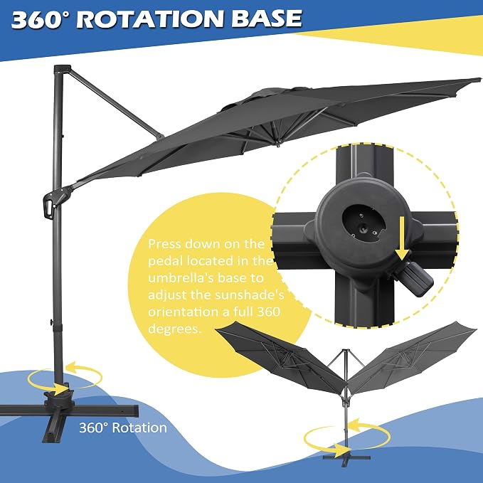 Sunnyglade 10Ft Cantilever Patio Umbrella, 360° Rotation & Integrated Tilting System Offset Umbrella with 8 Sturdy Ribs, Fade-resistant & Waterproof for Garden Backyard Poolside Deck