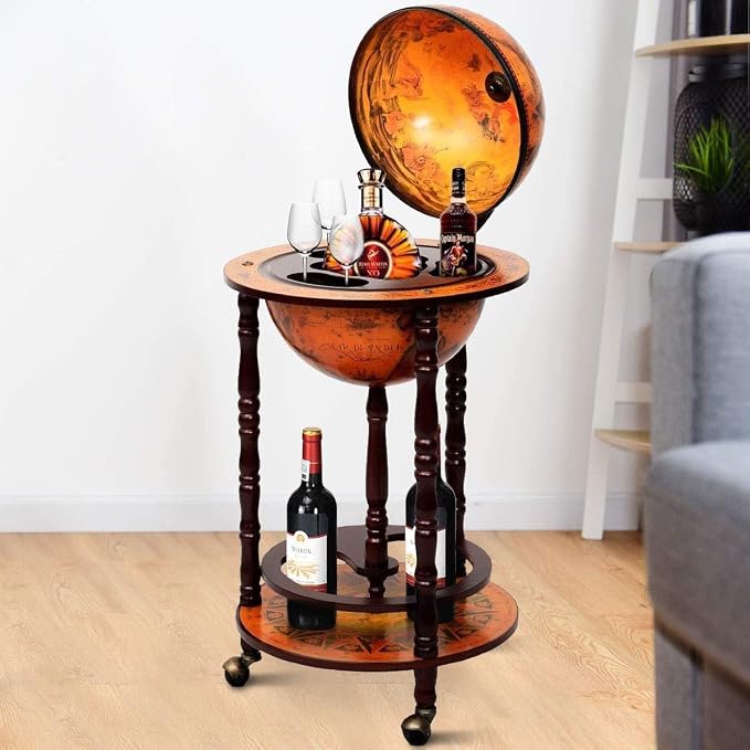 17" Wooden Globe Wine Rack, Wooden Globe Wine Bar Stand, Freely Movable Stable Liquor Bottle Shelf, Nautical Chart Wine Storage Cabinet, 16th Century Retro Wine Cupboard, Retro Brown