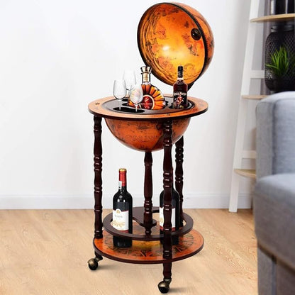 17" Wooden Globe Wine Rack, Wooden Globe Wine Bar Stand, Freely Movable Stable Liquor Bottle Shelf, Nautical Chart Wine Storage Cabinet, 16th Century Retro Wine Cupboard, Retro Brown