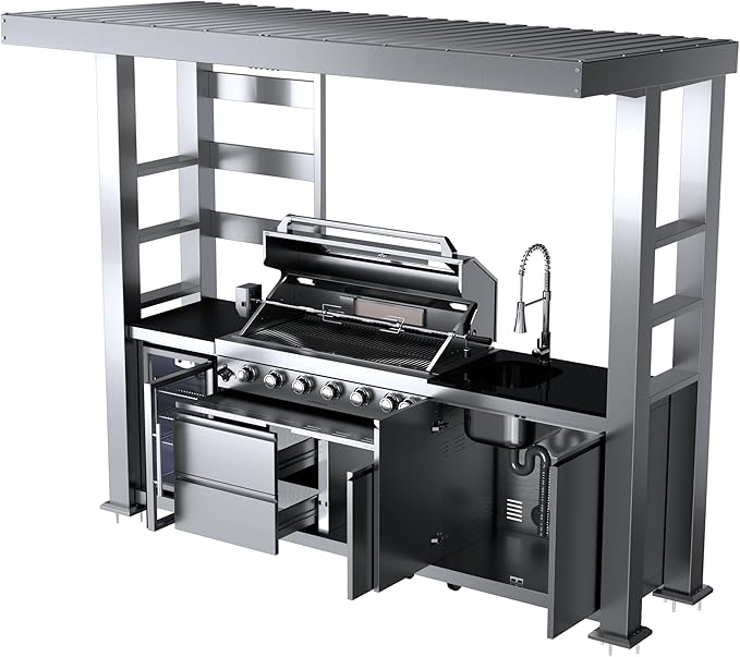 REDNGO 108-Inch 6-Burner 85000 BTU Stainless Steel Propane Gas Grill Outdoor Kitchen Island with Canopy,648Sq.In Cooking Area,Wine Cooler,Refrigerator,Rotisserie,for Backyard BBQ,Silver