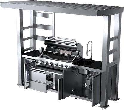 REDNGO 108-Inch 6-Burner 85000 BTU Stainless Steel Propane Gas Grill Outdoor Kitchen Island with Canopy,648Sq.In Cooking Area,Wine Cooler,Refrigerator,Rotisserie,for Backyard BBQ,Silver