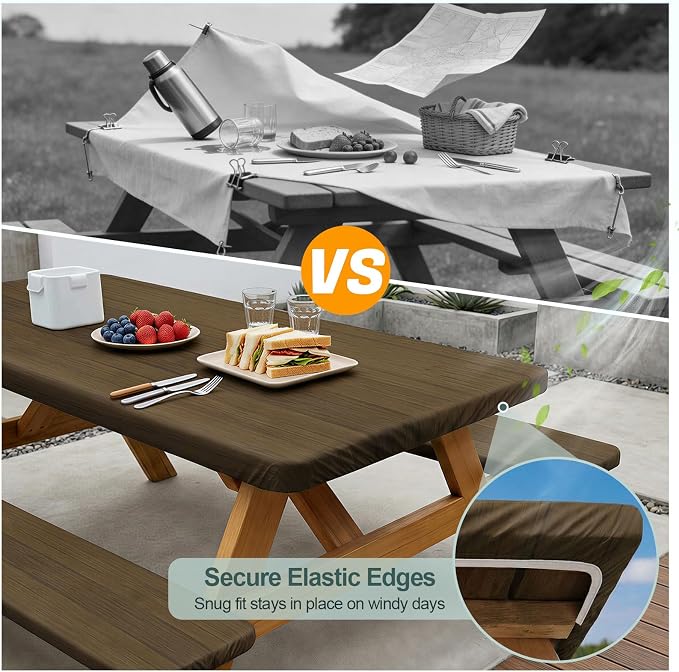 Picnic Table Cover Bench Covers Camping Essentials Tablecloth | Waterproof Vinyl for Outdoor, Windproof Elastic Fitted Edges, RV BBQ Accessories Must Haves, Storage Bag Included