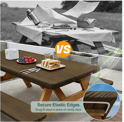 Picnic Table Cover Bench Covers Camping Essentials Tablecloth | Waterproof Vinyl for Outdoor, Windproof Elastic Fitted Edges, RV BBQ Accessories Must Haves, Storage Bag Included