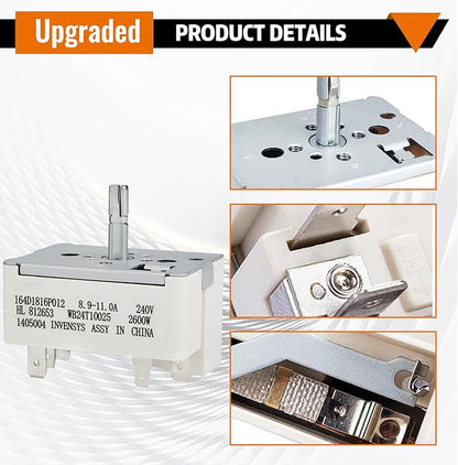 WB24T10025 Surface Burner Range Infinite Control Switch 8 Inch, Replace for AP2024072, 769692, AH236750, EA236750, PS236750,164d1816p012, Compatible with GE, for Kenmore, for Hotpoint Certain Stoves