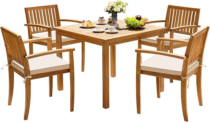 Greesum 5 Piece Patio Dining Set Outdoor Solid Wood Furniture w/Square Tabletop & 4 Chairs for Yard, Garden, Porch, White
