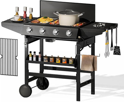 MFSTUDIO Propane Gas Grill and Griddle Combo, 4-Burner Propane Grills with Porcelain-Enameled Cast Iron Grates, 482 SQ.IN. Cooking Area, 52,000 BTU High Output for Outdoor Patio Barbecue and Meals