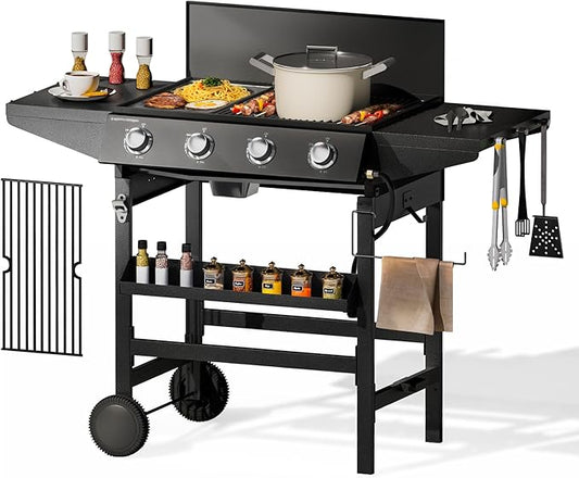 MFSTUDIO Propane Gas Grill and Griddle Combo, 4-Burner Propane Grills with Porcelain-Enameled Cast Iron Grates, 482 SQ.IN. Cooking Area, 52,000 BTU High Output for Outdoor Patio Barbecue and Meals