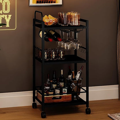 Bar Cart for The Home, 3 Tier Kitchen Carts with Wheels, Small Rolling Cart with Glass Holders, Wine Rack, Mini Bar Cart for Kitchen, Dining Room, Living Room, 13.0" D x 17.0" W x 33.8" H, Black