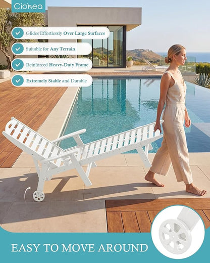 Lounge Chair Outdoor with Wheels & Cup Holder, 5-Position Adjustable Heavy Duty Patio Lounge Chair, HDPE Outdoor Chaise Lounge, 350 lbs Capacity, All Weather for Poolside, Deck, Backyard (White)