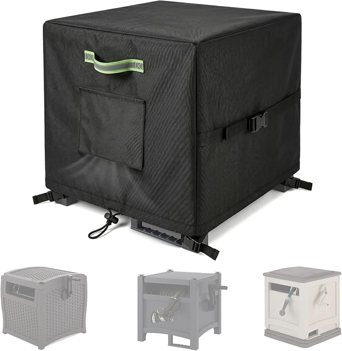 Garden Hose Reel Box Cover - Weatherproof 420D, 23"x23"x20", Black | Fits hose reels box. Reflective handles, cord closure, storage bag.
