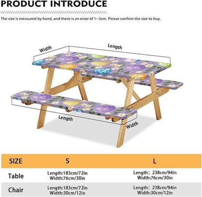 Easter Eggs Picnic Table Cover for Outdoor Camping Easter Eggs Elastic Fitted Table Cloth for Camping Party Supplies 3 PCS Set