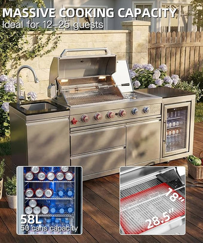 BBQ Outdoor Kitchen Island Grill Barbecue Modular Patio Kitchens Kits with Electric Rotisserie, Sink, fridge, and Burner for More than 10 People (Silver 85'')