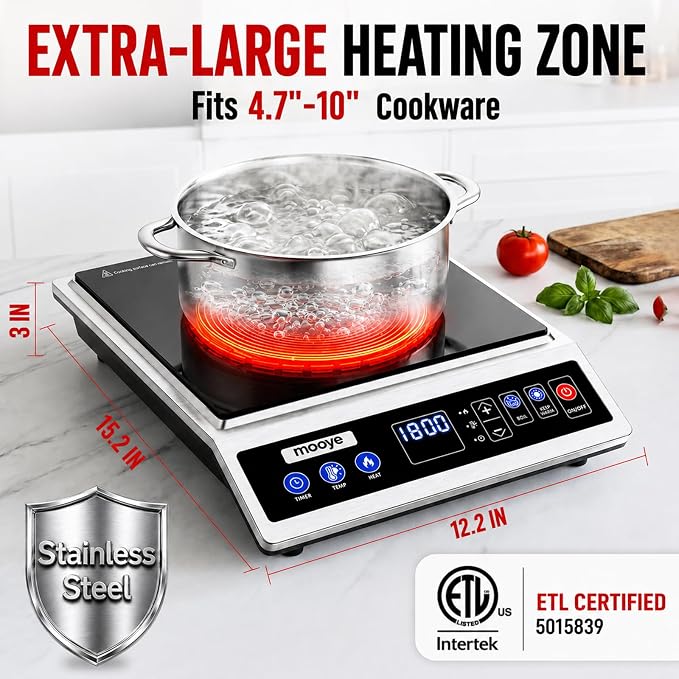 Induction Cooktop Portable Induction Burner Countertop One-Touch Max Power 1800W, 12-Hour Timer Precise Temperature Control Stainless Steel Hot Plate Low-Noise Electric Cooktop for Home-Regular