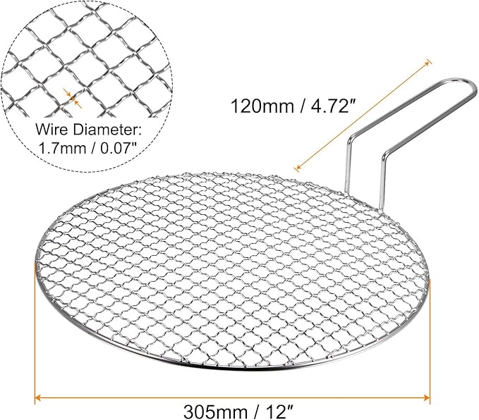 HARFINGTON Stainless Steel Grill 12-inch Round Barbecue Net BBQ Grill Pan Non-Stick Baking Wire Mesh Rack with Handle for Charcoal BBQ Steak