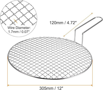 HARFINGTON Stainless Steel Grill 12-inch Round Barbecue Net BBQ Grill Pan Non-Stick Baking Wire Mesh Rack with Handle for Charcoal BBQ Steak