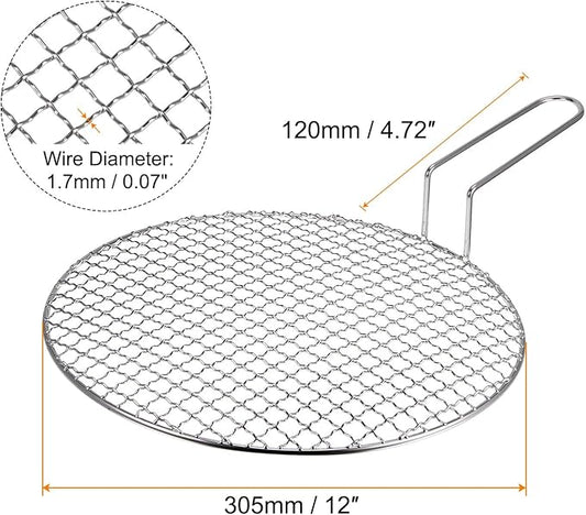 HARFINGTON Stainless Steel Grill 12-inch Round Barbecue Net BBQ Grill Pan Non-Stick Baking Wire Mesh Rack with Handle for Charcoal BBQ Steak