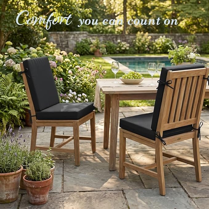 California Umbrella Outdoor Dining Chair, Set of 2 Patio Seat Cushions, 20 x 40 Inch, Premium Outdoor Memory Foam, Fade Resistant, Sunbrella Fabric, Fabric Ties, Black