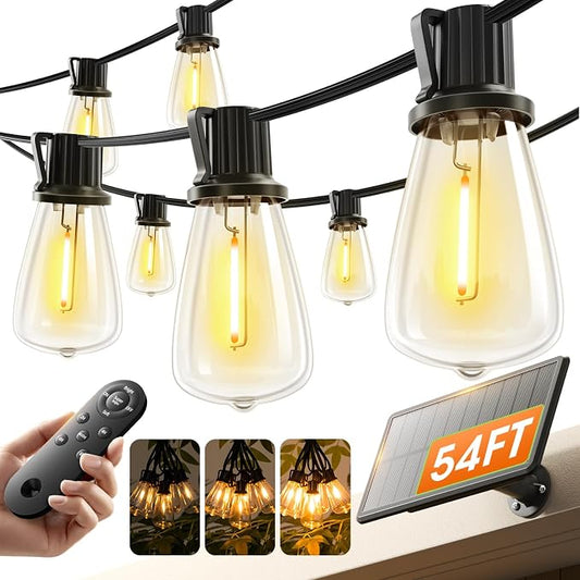 KYY 54FT Solar String Lights Outdoor Waterproof with USB Charging & Remote | Dimmable & Timable, Solar Powered Patio Lights with LED Shatterproof Bulbs for Deck Backyard Porch Garden Camping