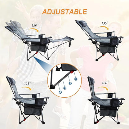 Reclining Camping Chair with Removable Footrest Lounge Chair with Headrest, Cotton Cushion, Portable Adjustable Folding Chairs