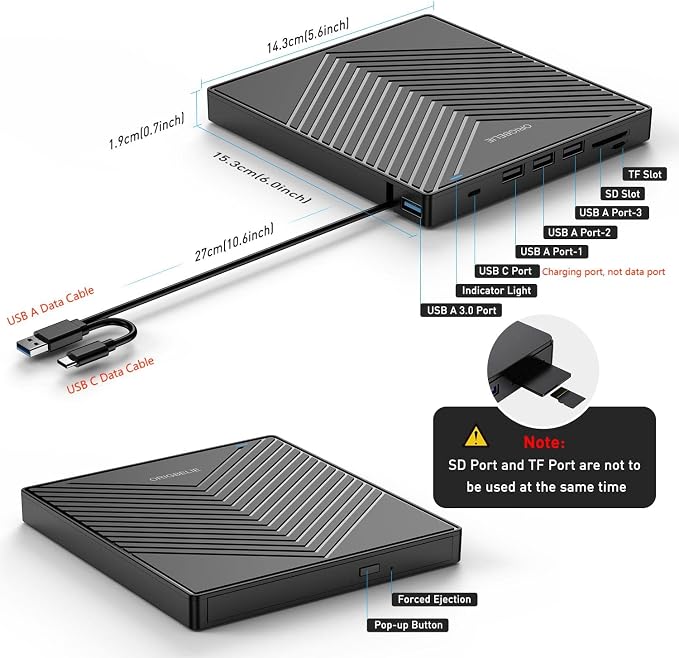 ORIGBELIE External CD DVD Drive, USB 3.0 & 4 USB Ports & 2 TF/SD Card Slots | Ultra Slim CD DVD ROM Player Burner Reader Writer Rewriter Optical Disk Drive for Laptop PC Mac OS Windows 11/10/8/7 Linux