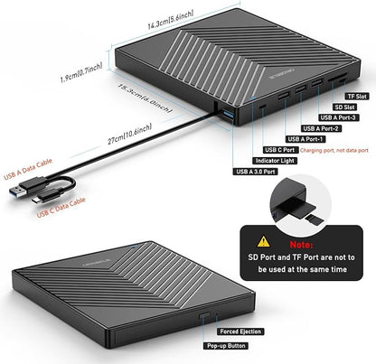ORIGBELIE External CD DVD Drive, USB 3.0 & 4 USB Ports & 2 TF/SD Card Slots | Ultra Slim CD DVD ROM Player Burner Reader Writer Rewriter Optical Disk Drive for Laptop PC Mac OS Windows 11/10/8/7 Linux