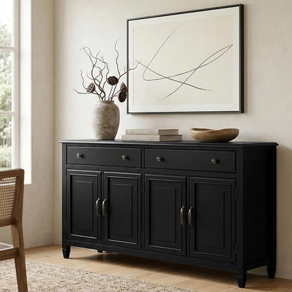 SIMPLIHOME Connaught 67" Wide Solid Wood Sideboard Cabinet in Black | Traditional 4-door dining room buffet with 2 drawers and adjustable shelves for organized kitchen or living room storage.