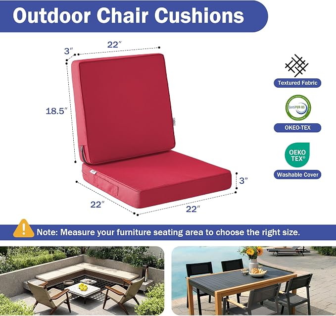 IPYNBAP Outdoor Cushions, Outdoor Chair Cushions 22x22x3 Inch, Cushions for Outdoor Furniture with Removable Cover, Waterproof & Fade Resistant Outdoor Seat Cushions for Patio, Lawn, Burgundy