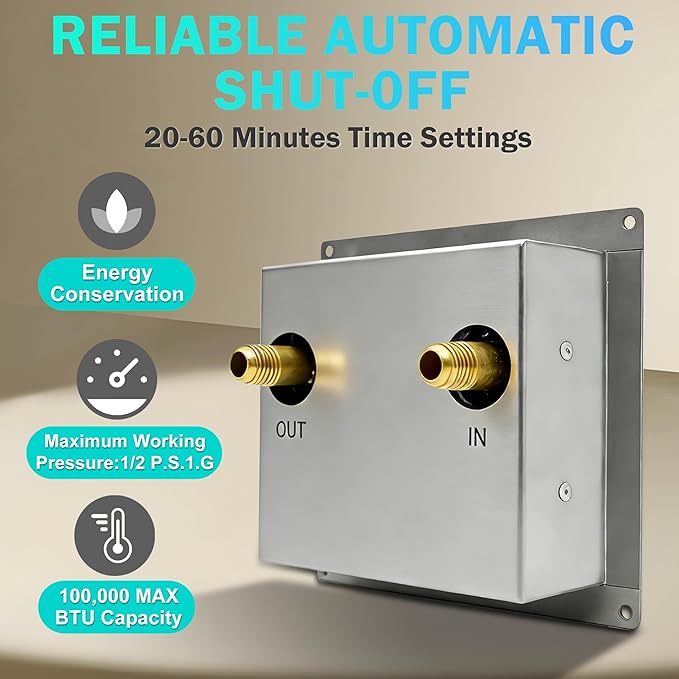 1 Hour Timer Box Mechanical 20/40/60 Min Setting, 304 Stainless Steel Splash-Proof for Outdoor Kitchen, Propane or Natural Gas Timer Shut Off Valve