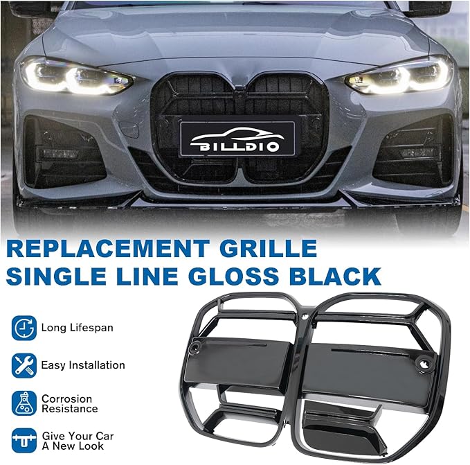 G22 Grille - Black Kidney Single slats Grill Compatible With BMW 4 Series G22/G23 2021-2024 430i M440i ABS Gloss Black Kidney Grill